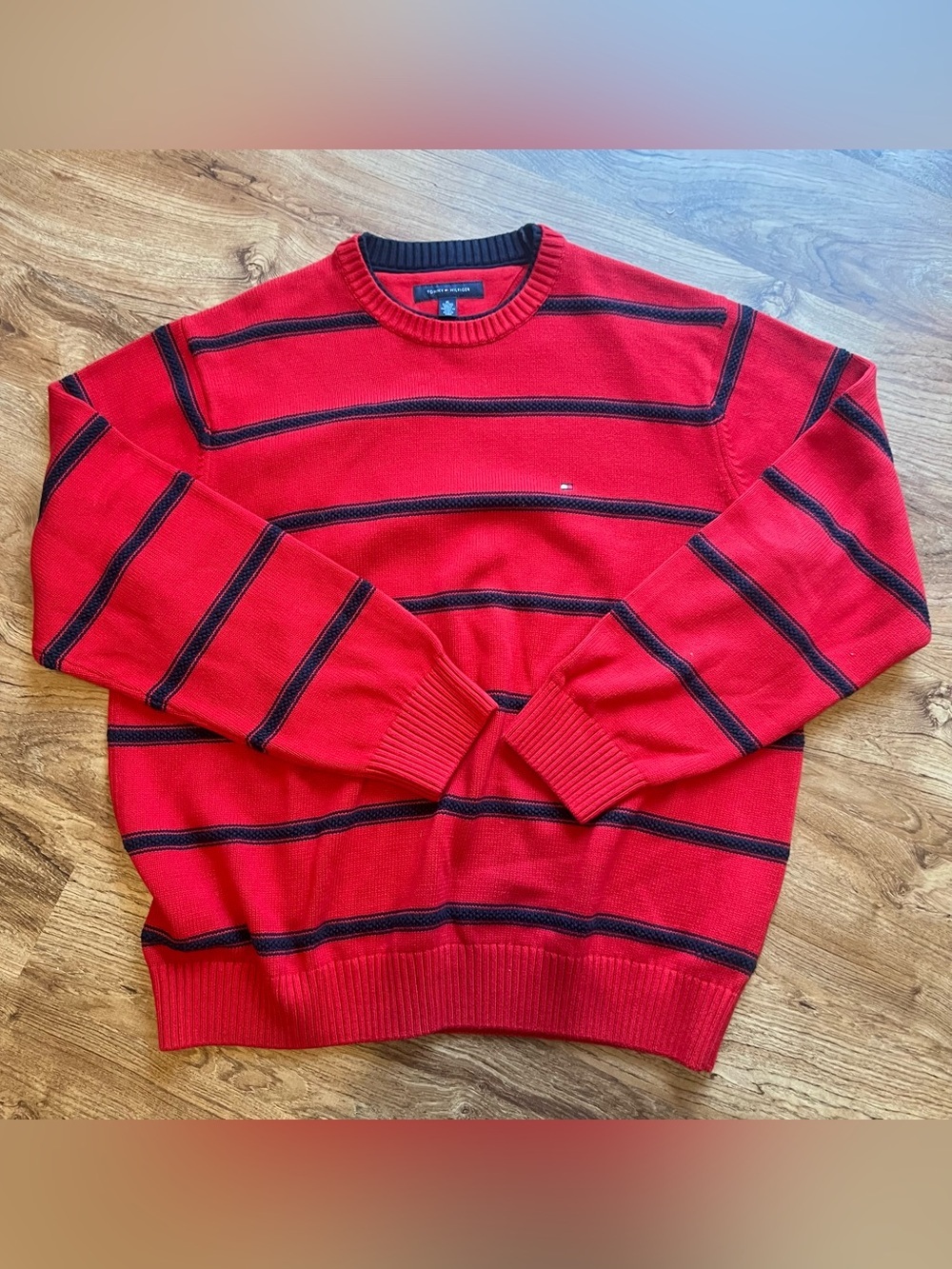 Tommy Hilfiger Red Crewneck Sweater with Navy Stripes